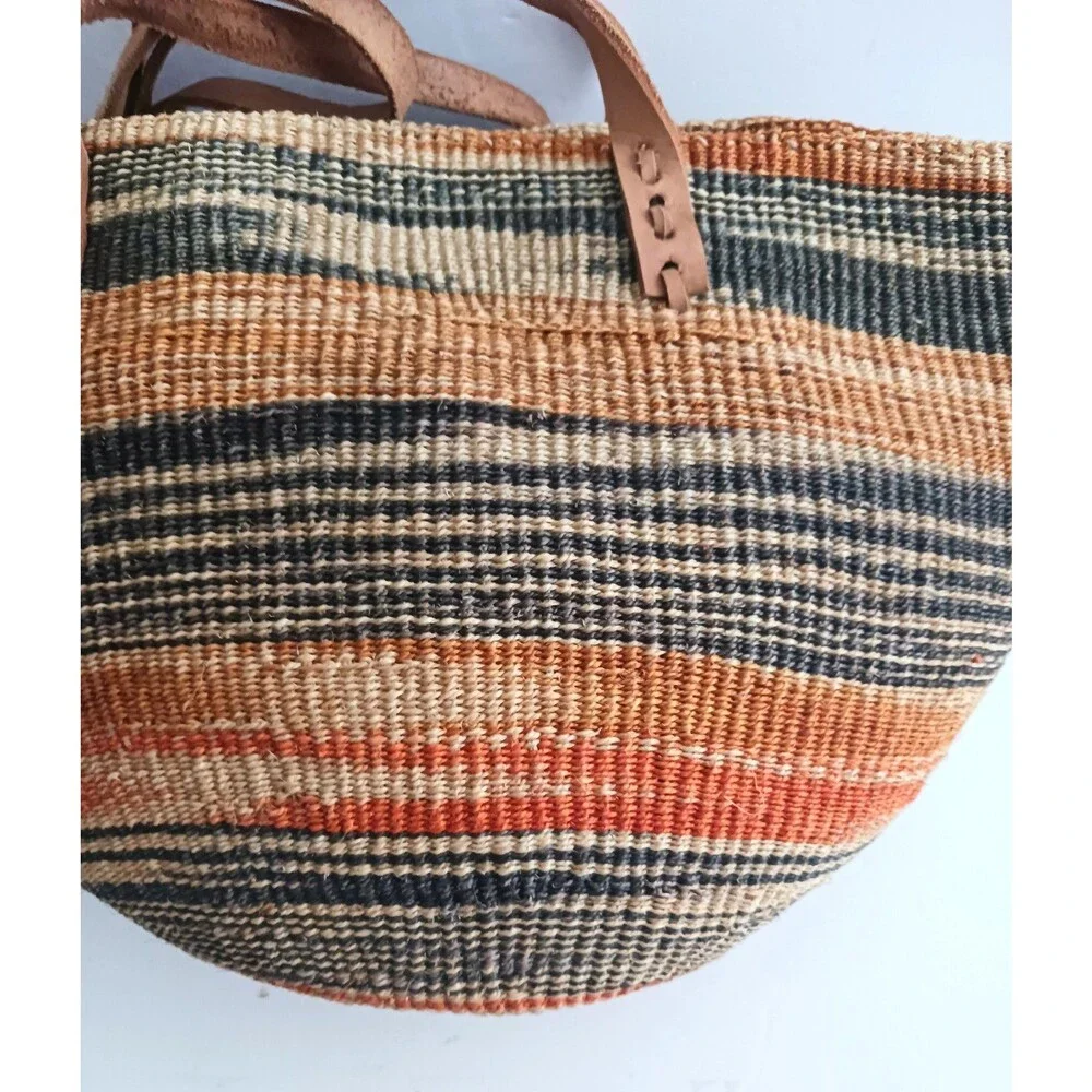 Kenya Bag Handcrafted Woven Sisal Tote Genuine Natural Leather Straps - Picture 2 of 5